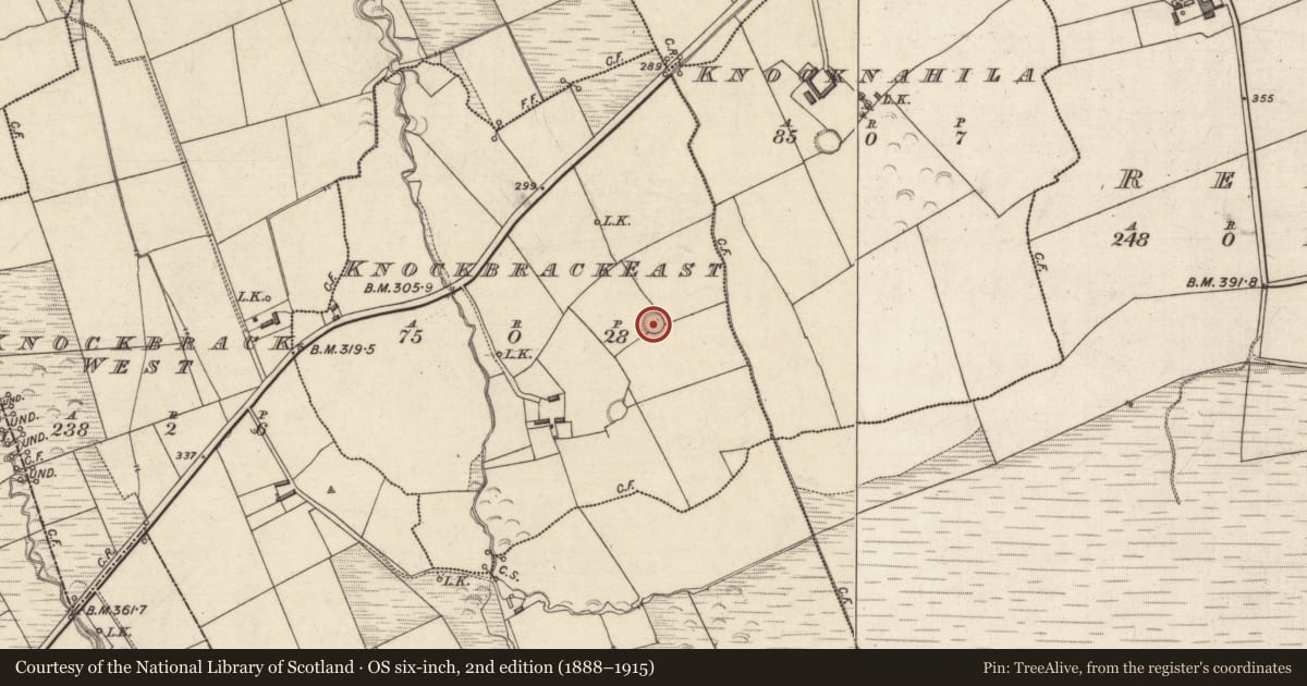 Ordnance Survey six-inch map, 2nd edition (1888–1915) covering the location of Ringfort - rath, Knockbrack East, County Kerry, with a pin at the register's coordinates