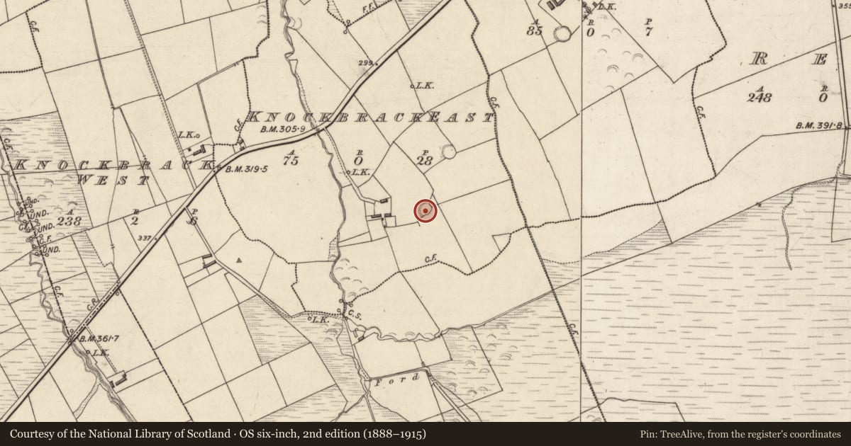 Ordnance Survey six-inch map, 2nd edition (1888–1915) covering the location of Ringfort - rath, Knockbrack East, County Kerry, with a pin at the register's coordinates