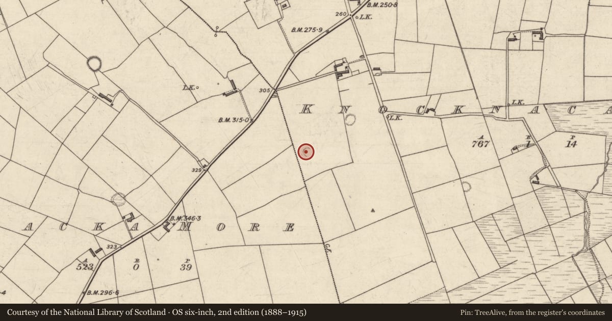 Ordnance Survey six-inch map, 2nd edition (1888–1915) covering the location of Enclosure, Knocknacaska, County Kerry, with a pin at the register's coordinates
