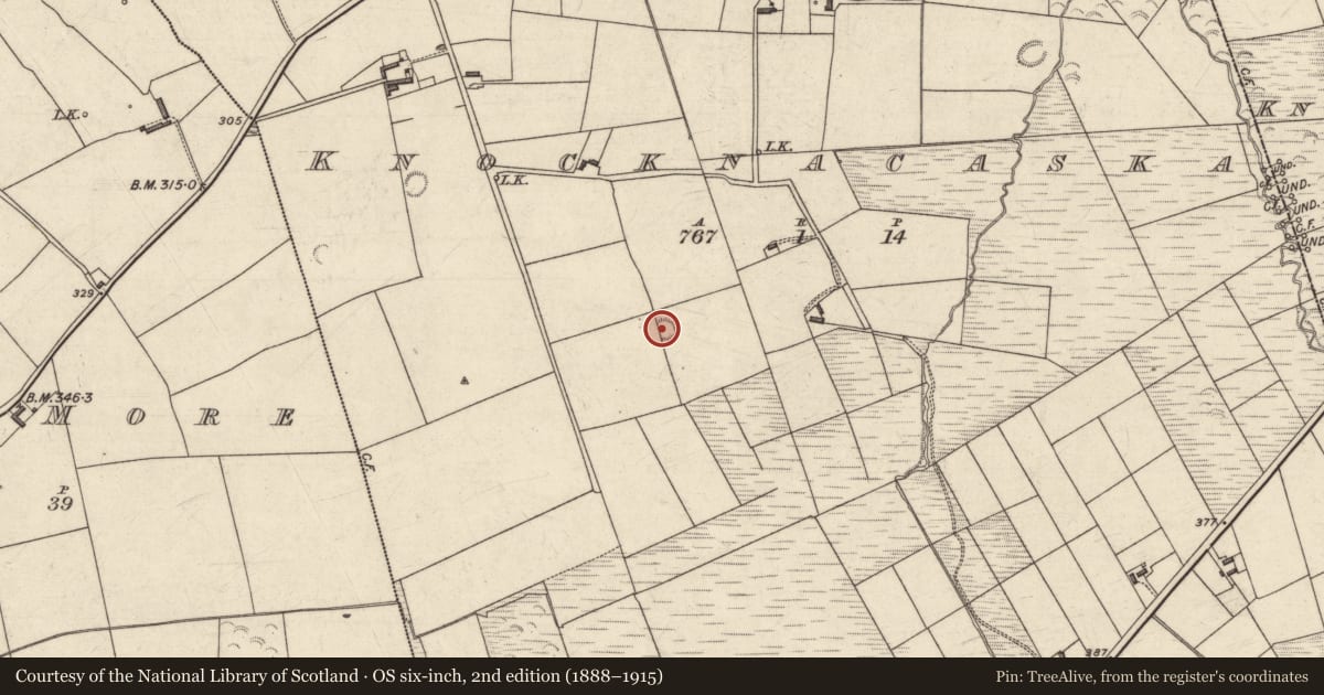 Ordnance Survey six-inch map, 2nd edition (1888–1915) covering the location of Ringfort - rath, Knocknacaska, County Kerry, with a pin at the register's coordinates