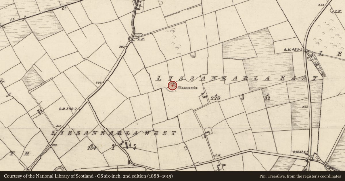 Ordnance Survey six-inch map, 2nd edition (1888–1915) covering the location of House - indeterminate date, Lissanearla East, County Kerry, with a pin at the register's coordinates