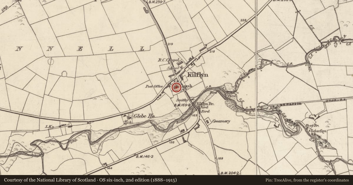 Ordnance Survey six-inch map, 2nd edition (1888–1915) covering the location of Graveyard, Ballyconnell, County Kerry, with a pin at the register's coordinates