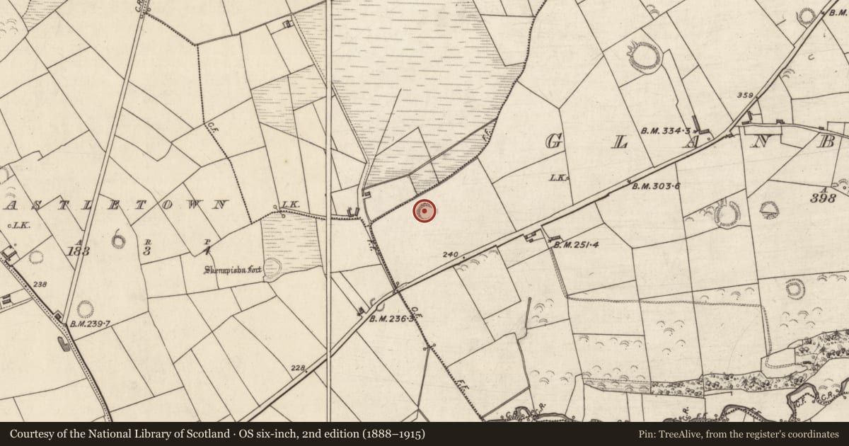 Ordnance Survey six-inch map, 2nd edition (1888–1915) covering the location of Enclosure, Glanballyma, County Kerry, with a pin at the register's coordinates