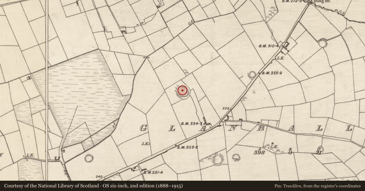 Ordnance Survey six-inch map, 2nd edition (1888–1915) covering the location of Ringfort - rath, Glanballyma, County Kerry, with a pin at the register's coordinates