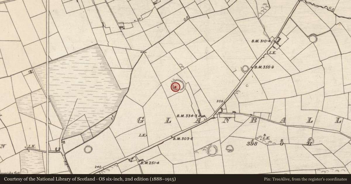 Ordnance Survey six-inch map, 2nd edition (1888–1915) covering the location of Souterrain, Glanballyma, County Kerry, with a pin at the register's coordinates