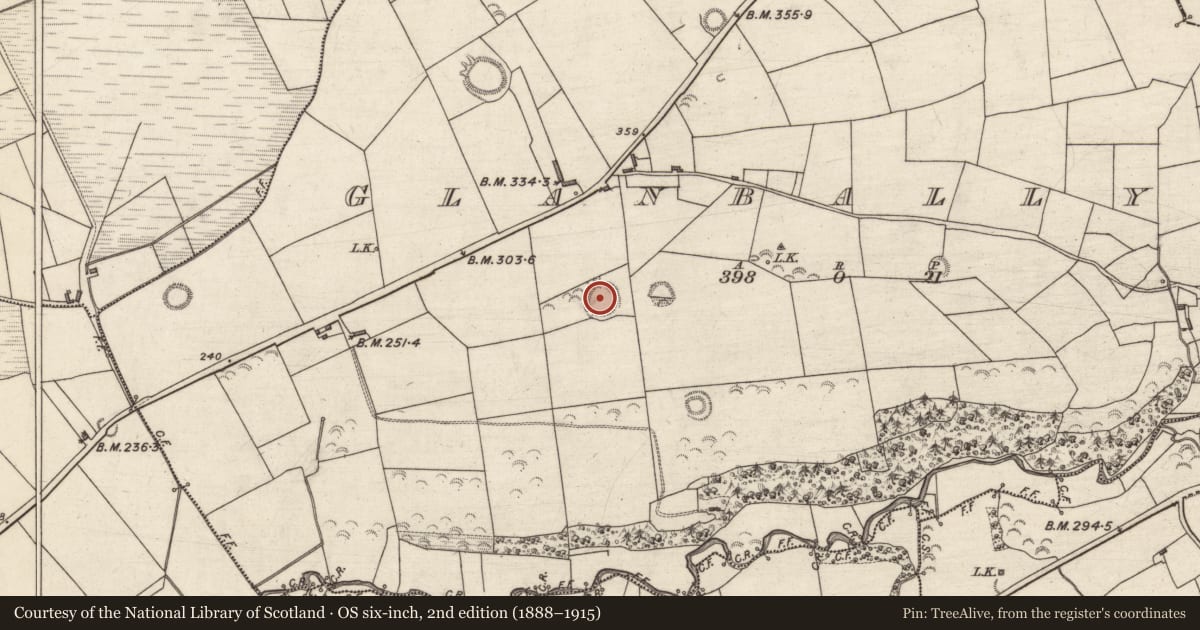 Ordnance Survey six-inch map, 2nd edition (1888–1915) covering the location of Souterrain, Glanballyma, County Kerry, with a pin at the register's coordinates