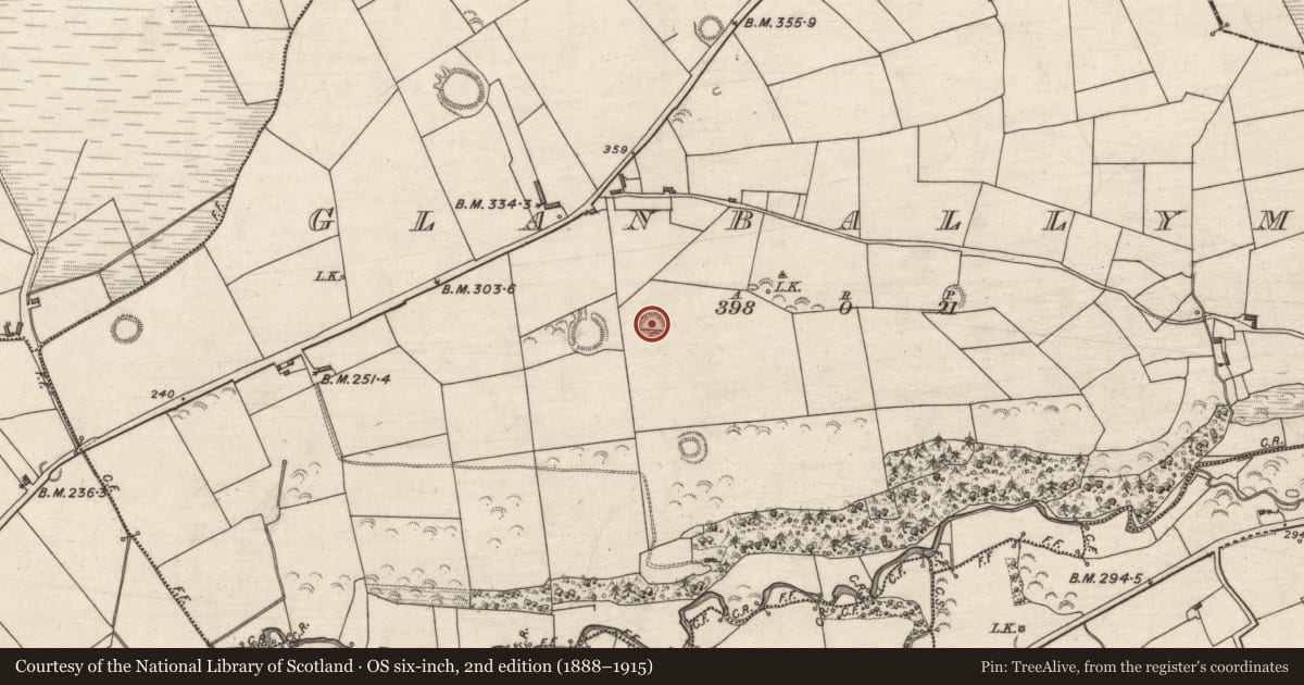 Ordnance Survey six-inch map, 2nd edition (1888–1915) covering the location of Souterrain, Glanballyma, County Kerry, with a pin at the register's coordinates