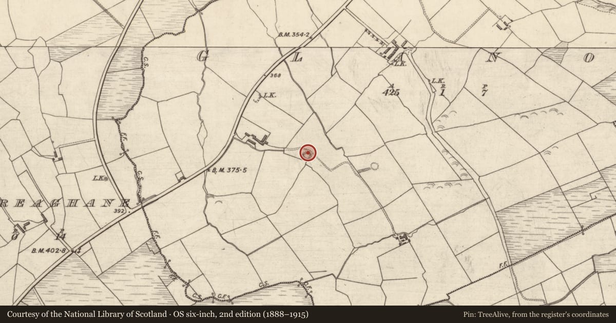 Ordnance Survey six-inch map, 2nd edition (1888–1915) covering the location of Earthwork, Glanoe, County Kerry, with a pin at the register's coordinates