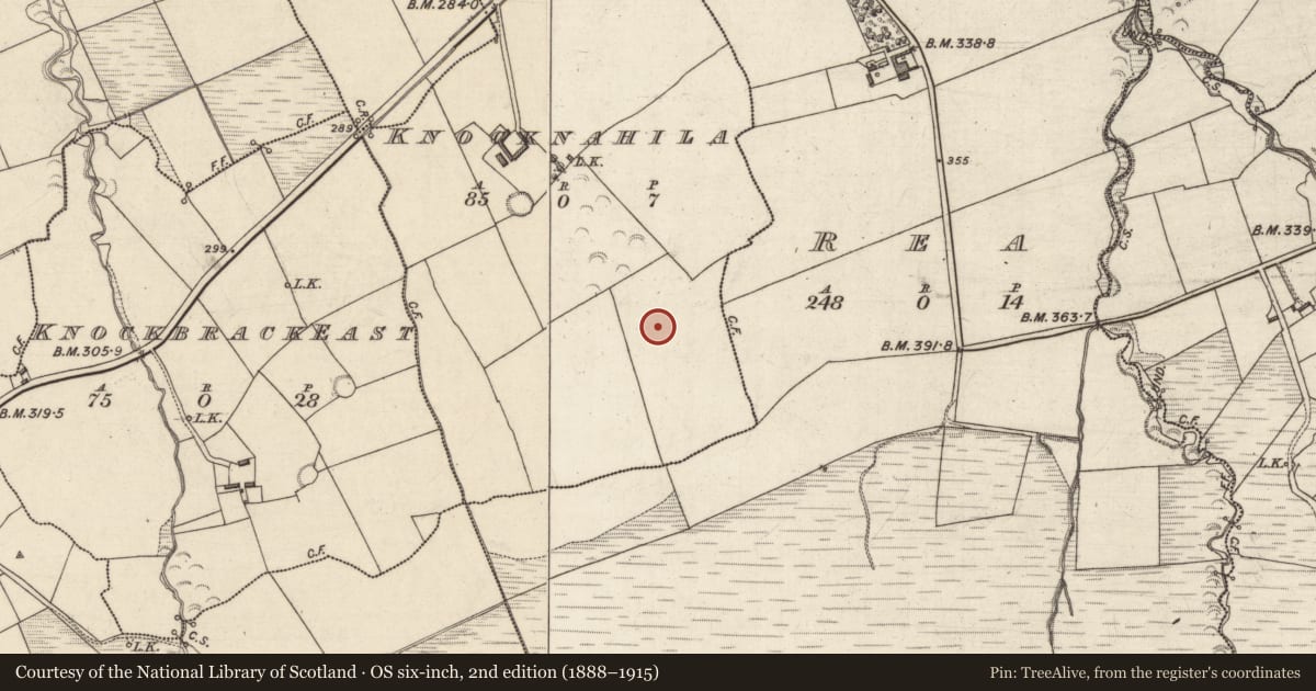 Ordnance Survey six-inch map, 2nd edition (1888–1915) covering the location of Enclosure, Knocknahila, County Kerry, with a pin at the register's coordinates