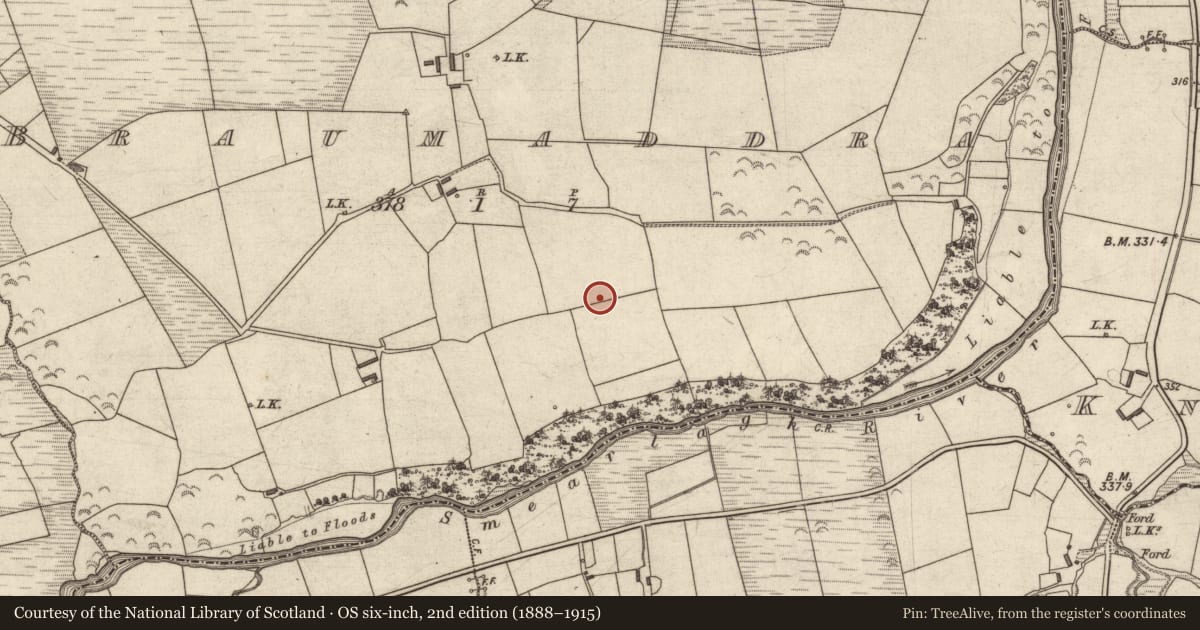 Ordnance Survey six-inch map, 2nd edition (1888–1915) covering the location of Fulacht fia, Braumaddra, County Kerry, with a pin at the register's coordinates