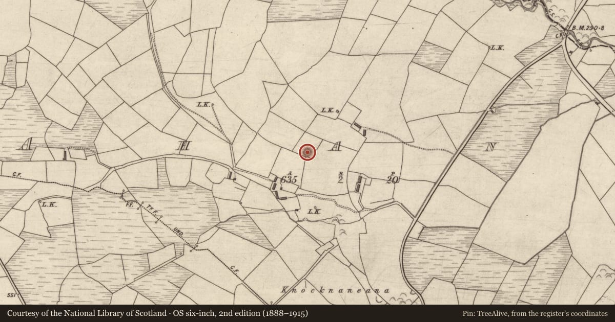 Ordnance Survey six-inch map, 2nd edition (1888–1915) covering the location of Barrow - ring-barrow, Ahane, County Kerry, with a pin at the register's coordinates