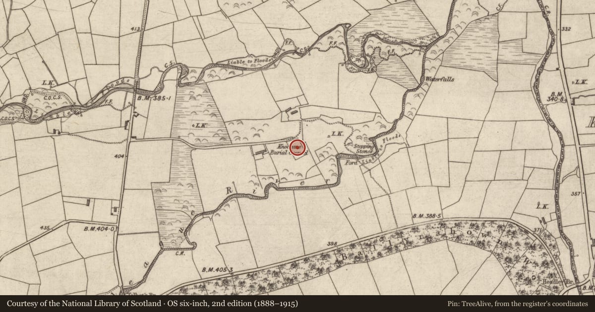 Ordnance Survey six-inch map, 2nd edition (1888–1915) covering the location of Children's burial ground, Meenbannivane, County Kerry, with a pin at the register's coordinates