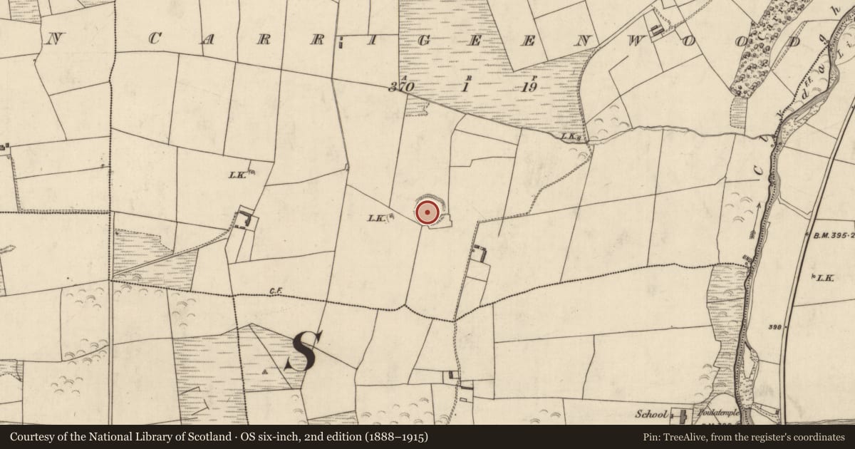 Ordnance Survey six-inch map, 2nd edition (1888–1915) covering the location of Ceremonial enclosure, Carrigeenwood, County Kerry, with a pin at the register's coordinates