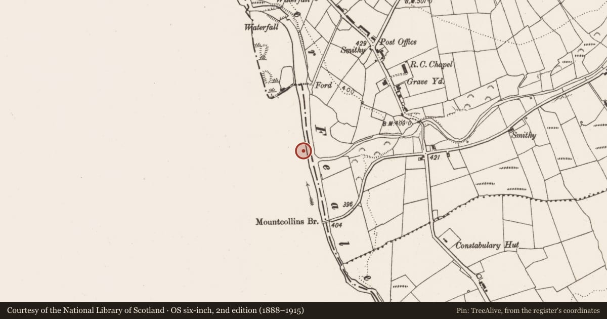 Ordnance Survey six-inch map, 2nd edition (1888–1915) covering the location of Enclosure, Brosna East, County Kerry, with a pin at the register's coordinates