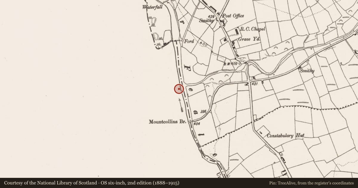 Ordnance Survey six-inch map, 2nd edition (1888–1915) covering the location of Enclosure, Brosna East, County Kerry, with a pin at the register's coordinates