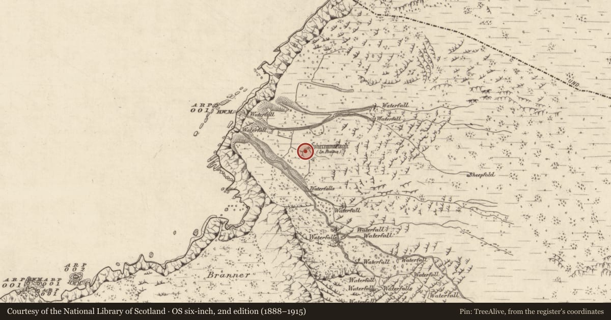 Ordnance Survey six-inch map, 2nd edition (1888–1915) covering the location of Enclosure, Baile Na Habha (TC Cill Chuáin), County Kerry, with a pin at the register's coordinates