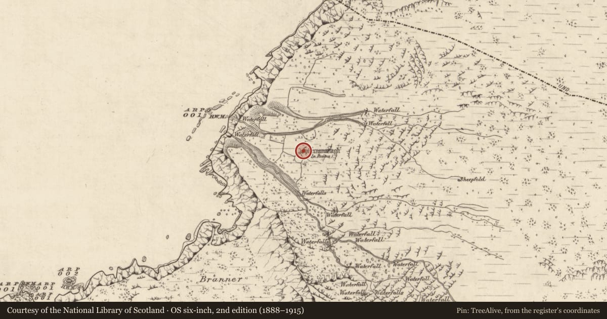 Ordnance Survey six-inch map, 2nd edition (1888–1915) covering the location of Clochan, Baile Na Habha (TC Cill Chuáin), County Kerry, with a pin at the register's coordinates