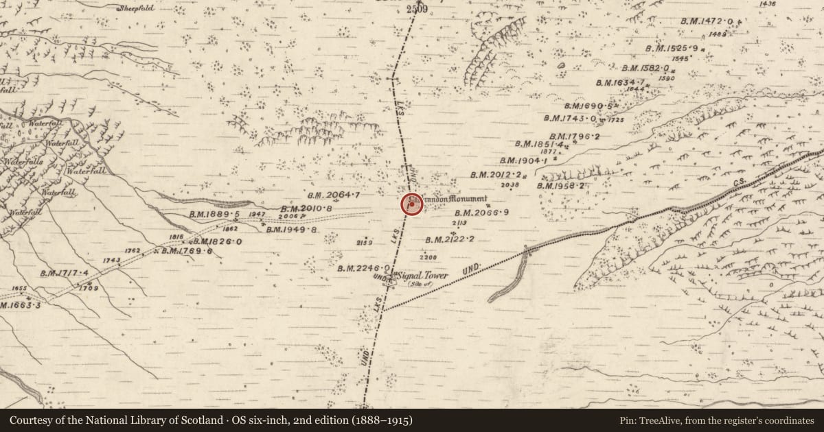 Ordnance Survey six-inch map, 2nd edition (1888–1915) covering the location of Ogham stone (present location), Airghleann, County Kerry, with a pin at the register's coordinates