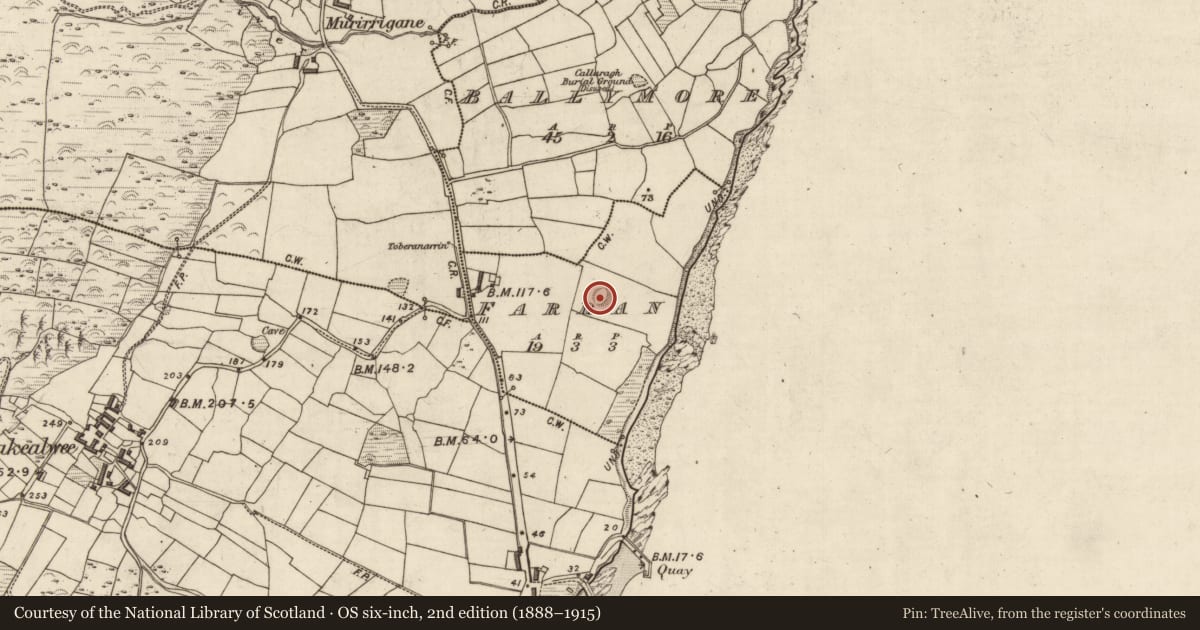 Ordnance Survey six-inch map, 2nd edition (1888–1915) covering the location of Hut site, An Fearann (TC Cé Bhréanainn), County Kerry, with a pin at the register's coordinates