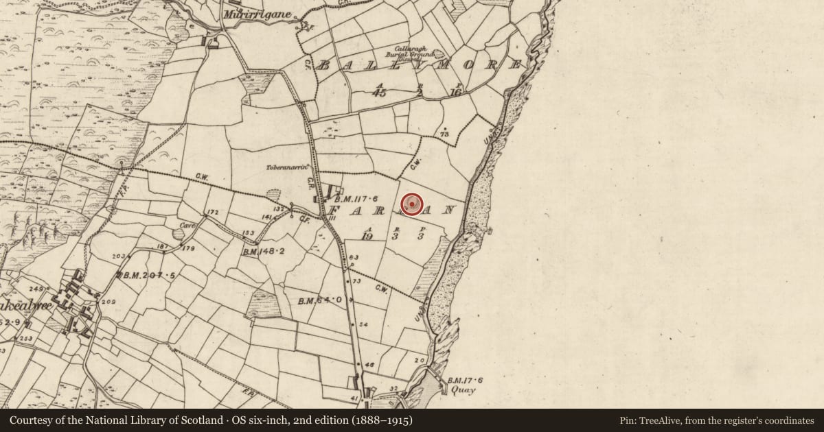 Ordnance Survey six-inch map, 2nd edition (1888–1915) covering the location of Hut site, An Fearann (TC Cé Bhréanainn), County Kerry, with a pin at the register's coordinates