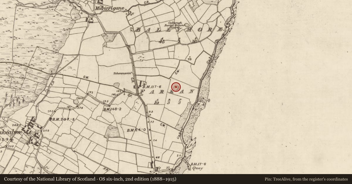 Ordnance Survey six-inch map, 2nd edition (1888–1915) covering the location of Hut site, An Fearann (TC Cé Bhréanainn), County Kerry, with a pin at the register's coordinates