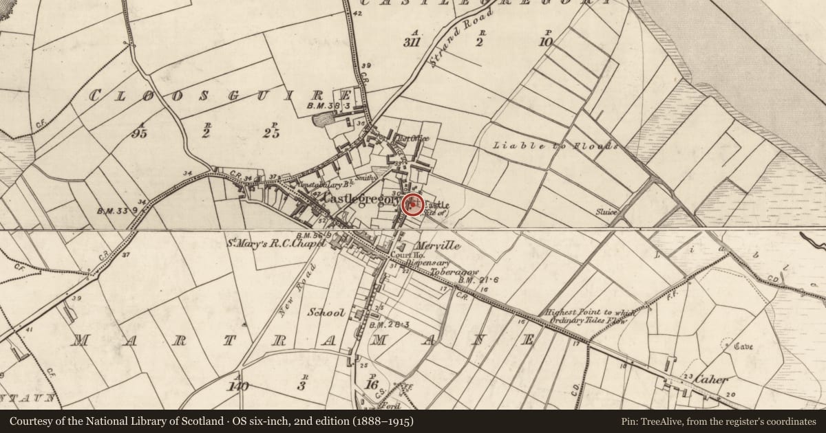 Ordnance Survey six-inch map, 2nd edition (1888–1915) covering the location of Architectural fragment, Castlegregory, County Kerry, with a pin at the register's coordinates