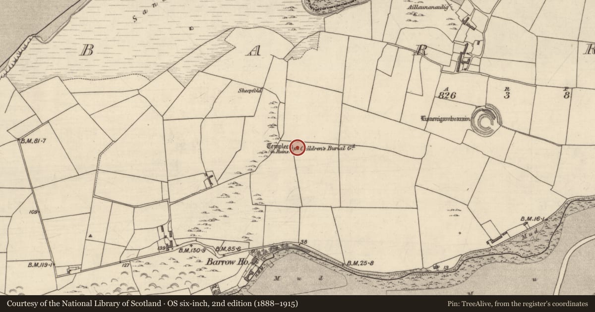 Ordnance Survey six-inch map, 2nd edition (1888–1915) covering the location of Children's burial ground, Barrow, County Kerry, with a pin at the register's coordinates
