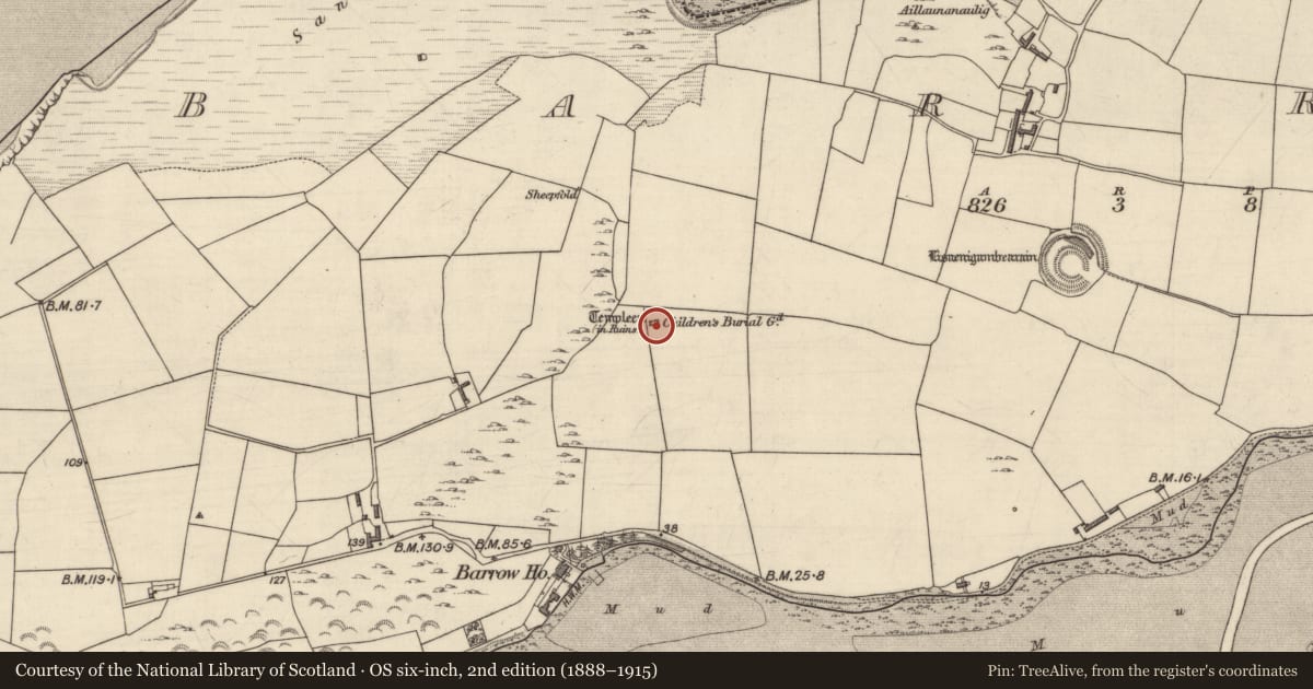 Ordnance Survey six-inch map, 2nd edition (1888–1915) covering the location of Graveyard, Barrow, County Kerry, with a pin at the register's coordinates