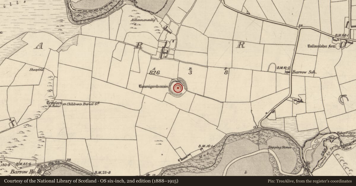 Ordnance Survey six-inch map, 2nd edition (1888–1915) covering the location of Ringfort - rath, Barrow, County Kerry, with a pin at the register's coordinates