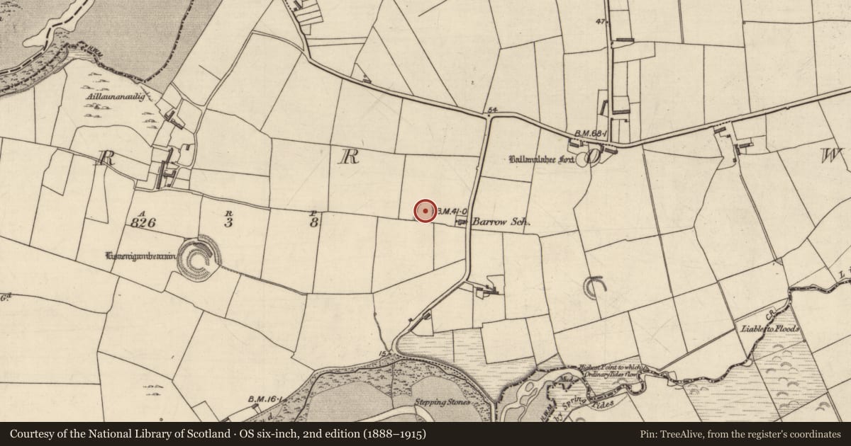 Ordnance Survey six-inch map, 2nd edition (1888–1915) covering the location of Enclosure, Barrow, County Kerry, with a pin at the register's coordinates