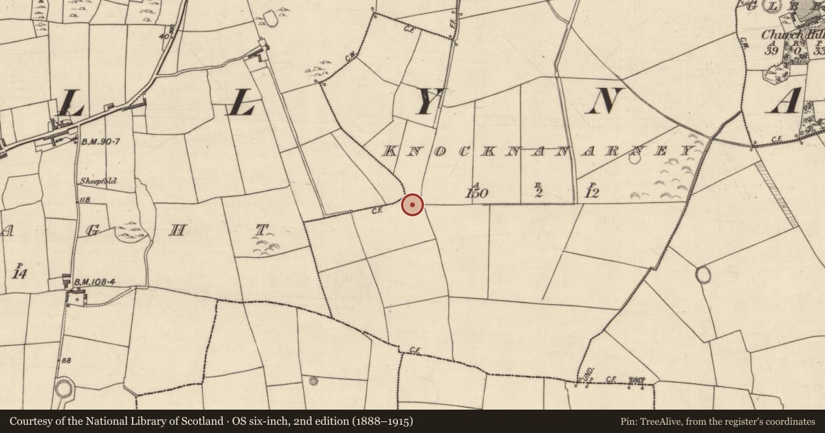 Ordnance Survey six-inch map, 2nd edition (1888–1915) covering the location of Enclosure, Knocknanarney, County Kerry, with a pin at the register's coordinates