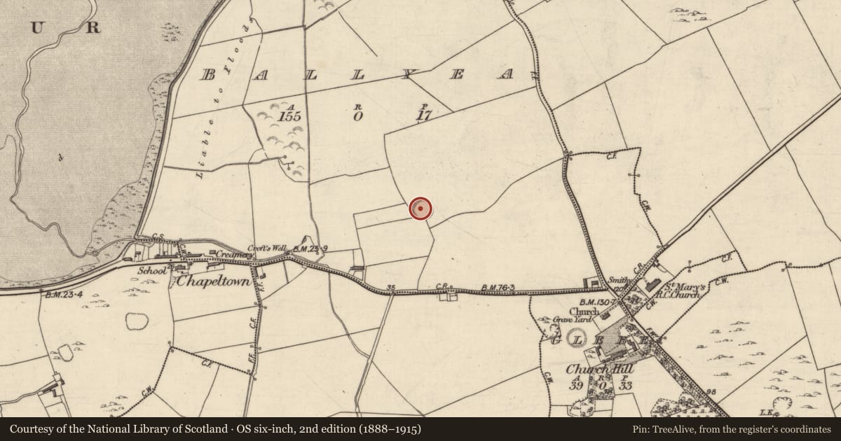 Ordnance Survey six-inch map, 2nd edition (1888–1915) covering the location of Enclosure, Ballyea, County Kerry, with a pin at the register's coordinates