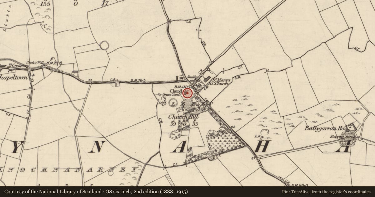 Ordnance Survey six-inch map, 2nd edition (1888–1915) covering the location of Graveyard, Glebe, County Kerry, with a pin at the register's coordinates