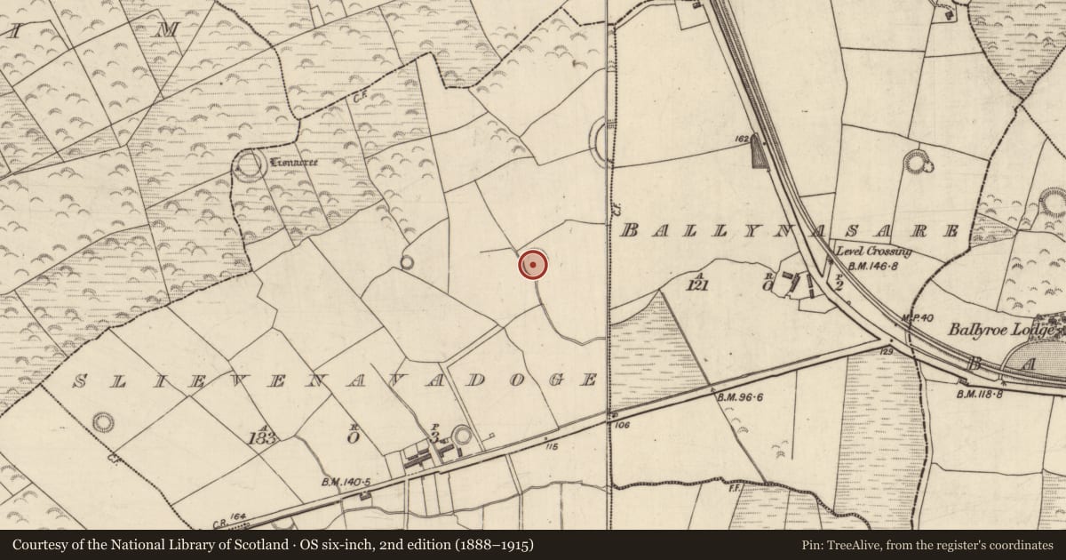 Ordnance Survey six-inch map, 2nd edition (1888–1915) covering the location of Enclosure, Slievenavadoge, County Kerry, with a pin at the register's coordinates