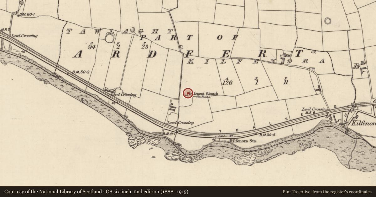Ordnance Survey six-inch map, 2nd edition (1888–1915) covering the location of Graveyard, Kilfenora, County Kerry, with a pin at the register's coordinates