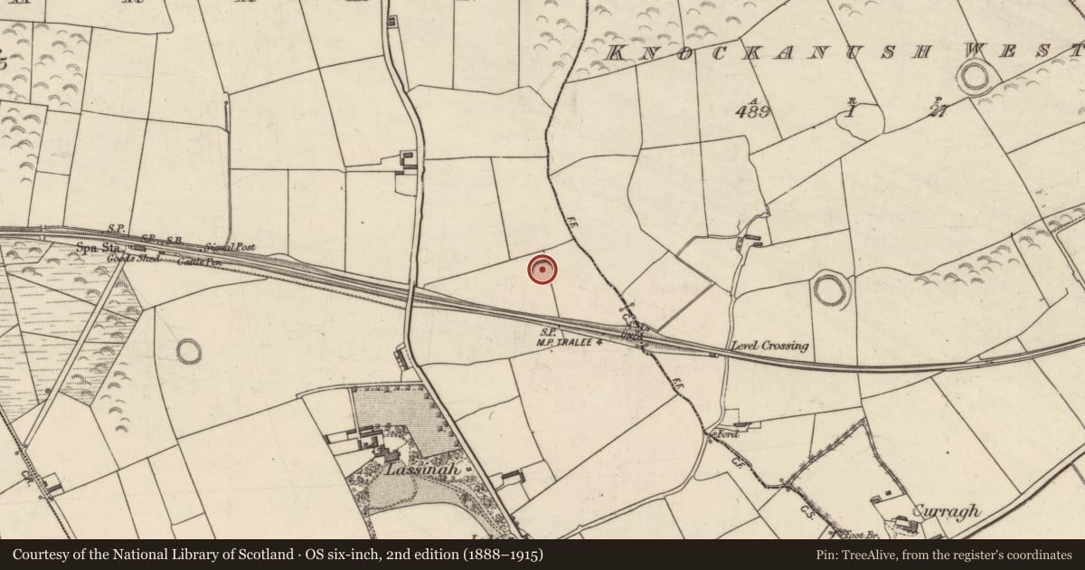 Ordnance Survey six-inch map, 2nd edition (1888–1915) covering the location of Enclosure, Ballygarran, County Kerry, with a pin at the register's coordinates
