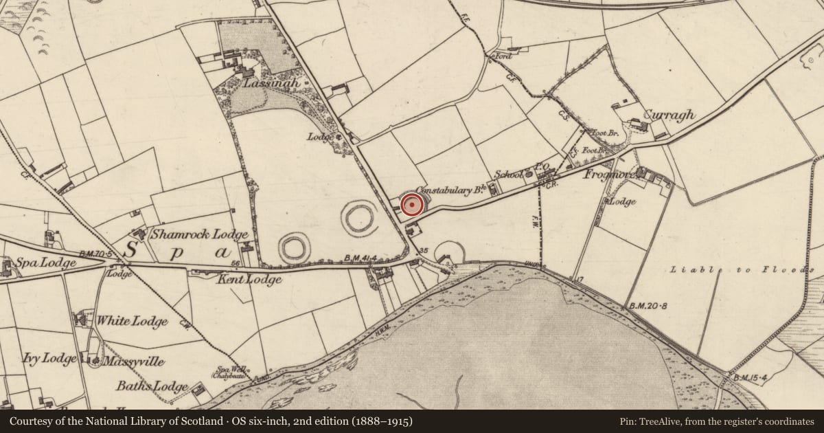 Ordnance Survey six-inch map, 2nd edition (1888–1915) covering the location of Ringfort - rath, Ballygarran, County Kerry, with a pin at the register's coordinates