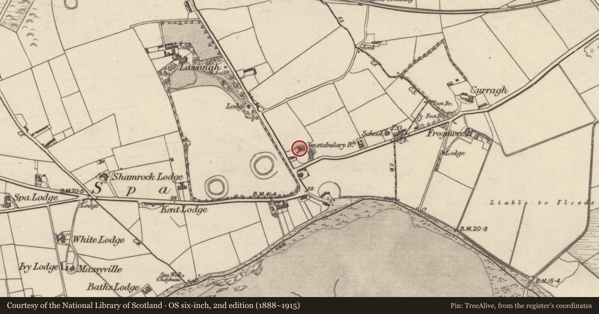 Ordnance Survey six-inch map, 2nd edition (1888–1915) covering the location of Souterrain, Ballygarran, County Kerry, with a pin at the register's coordinates