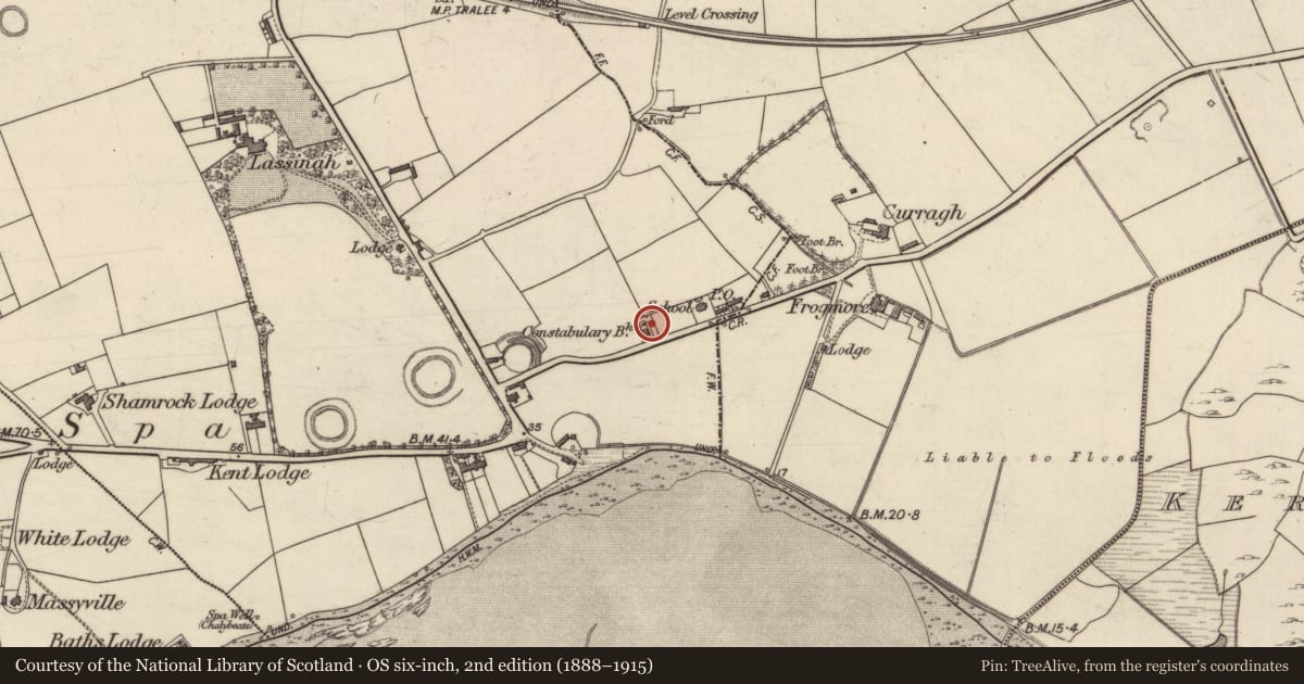 Ordnance Survey six-inch map, 2nd edition (1888–1915) covering the location of Enclosure, Ballygarran, County Kerry, with a pin at the register's coordinates