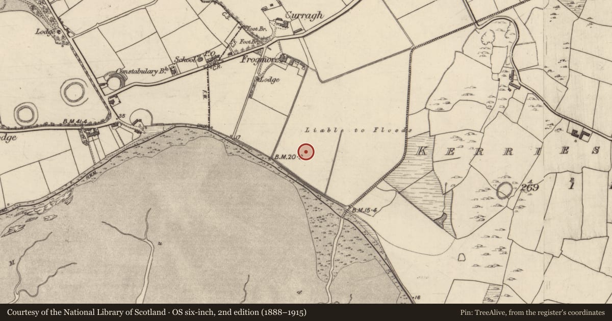 Ordnance Survey six-inch map, 2nd edition (1888–1915) covering the location of Enclosure, Knockanush West, County Kerry, with a pin at the register's coordinates