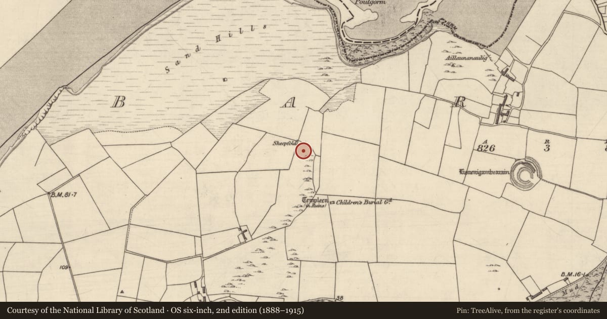 Ordnance Survey six-inch map, 2nd edition (1888–1915) covering the location of Enclosure, Barrow, County Kerry, with a pin at the register's coordinates