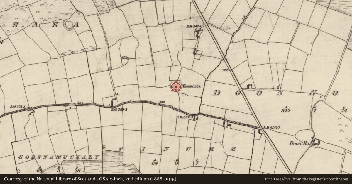 Ordnance Survey six-inch map, 2nd edition (1888–1915) covering the location of Ringfort - rath, Cloghmackirkeen, County Kerry, with a pin at the register's coordinates