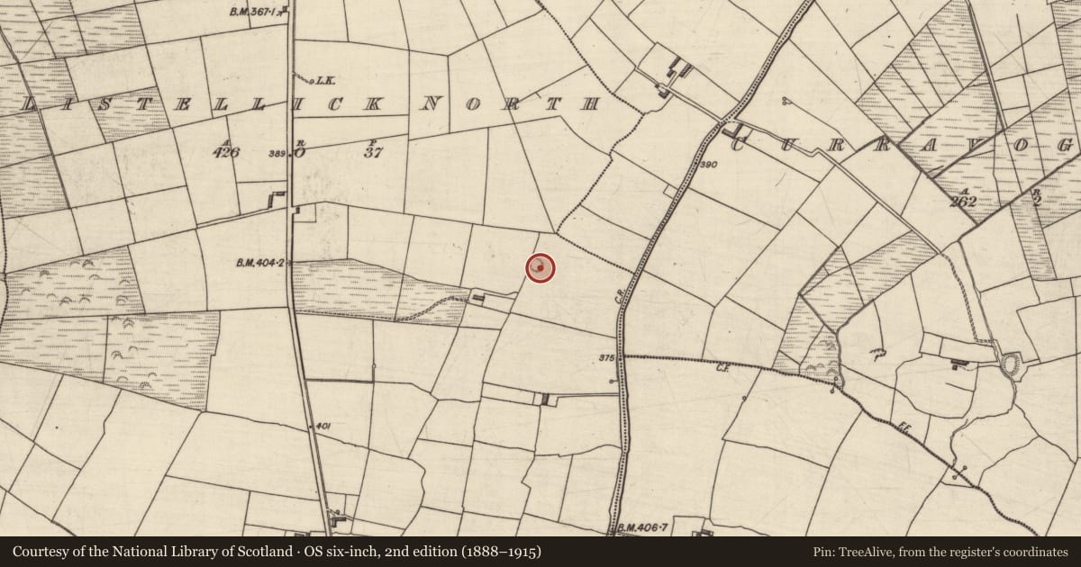Ordnance Survey six-inch map, 2nd edition (1888–1915) covering the location of Barrow - ring-barrow, Listellick North, County Kerry, with a pin at the register's coordinates