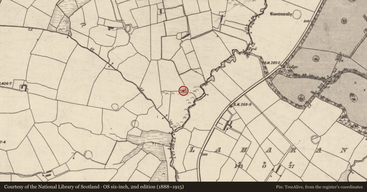 Ordnance Survey six-inch map, 2nd edition (1888–1915) covering the location of Enclosure, Curravogh South, County Kerry, with a pin at the register's coordinates