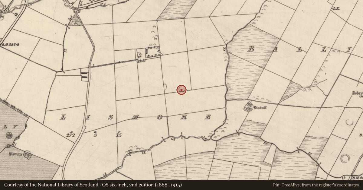 Ordnance Survey six-inch map, 2nd edition (1888–1915) covering the location of Ringfort - rath, Lismore, County Kerry, with a pin at the register's coordinates