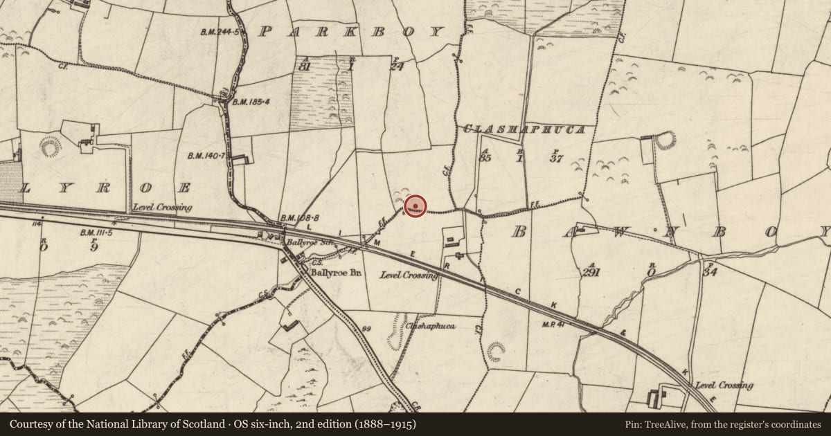 Ordnance Survey six-inch map, 2nd edition (1888–1915) covering the location of Enclosure, Parkboy, County Kerry, with a pin at the register's coordinates