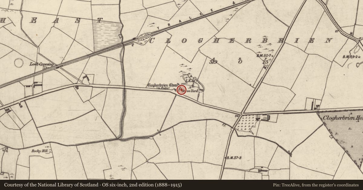 Ordnance Survey six-inch map, 2nd edition (1888–1915) covering the location of Church, Clogherbrien, County Kerry, with a pin at the register's coordinates