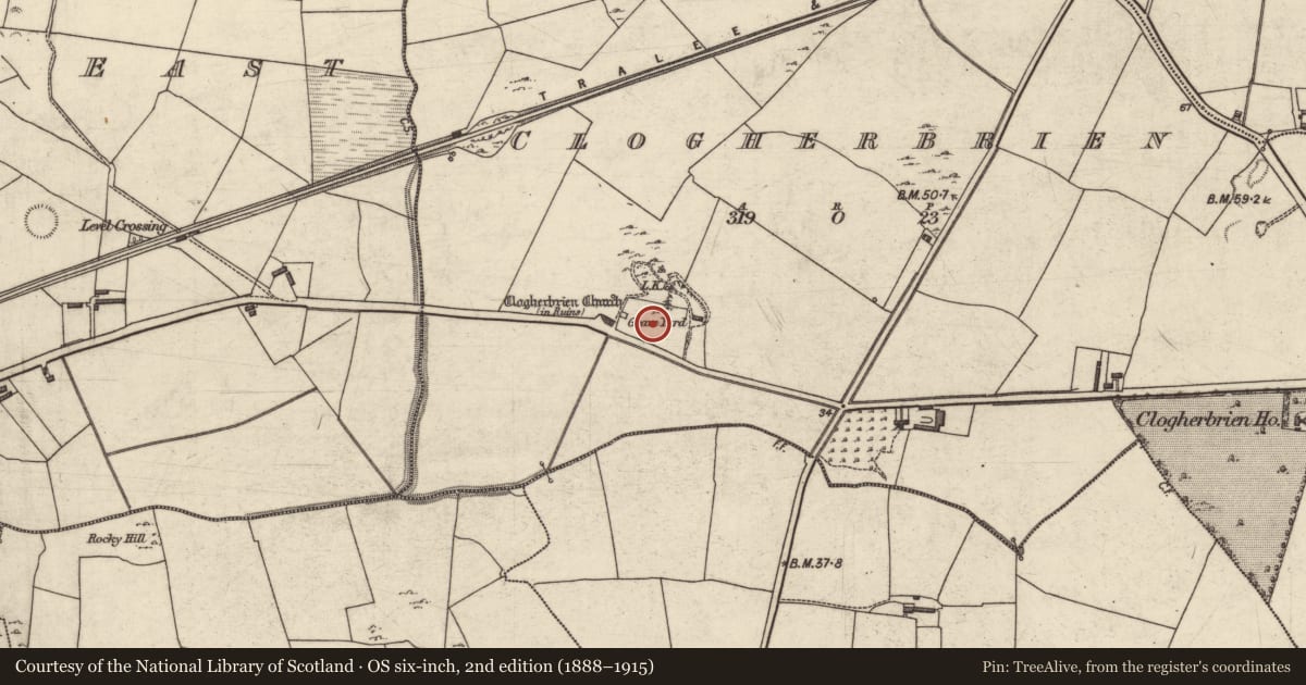 Ordnance Survey six-inch map, 2nd edition (1888–1915) covering the location of Graveyard, Clogherbrien, County Kerry, with a pin at the register's coordinates