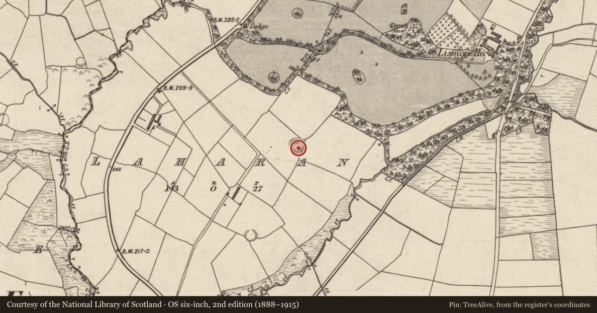 Ordnance Survey six-inch map, 2nd edition (1888–1915) covering the location of Enclosure, Laharan, County Kerry, with a pin at the register's coordinates