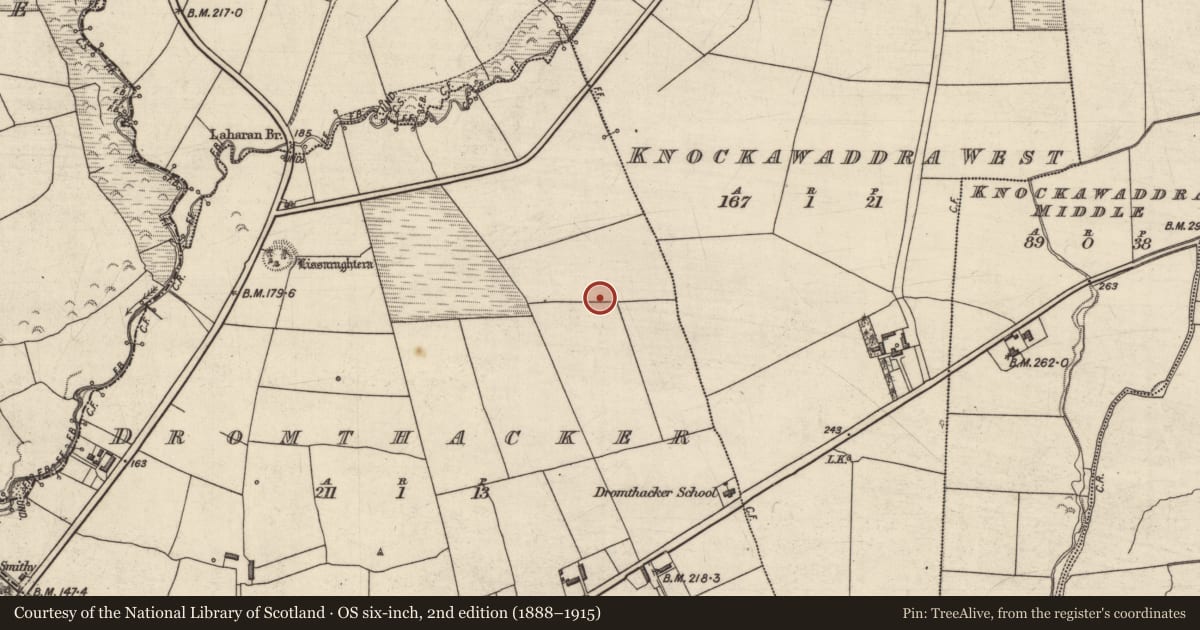 Ordnance Survey six-inch map, 2nd edition (1888–1915) covering the location of Enclosure, Dromthacker, County Kerry, with a pin at the register's coordinates